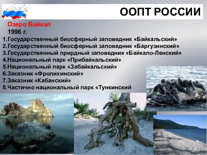 ООПТ РОССИИ Озеро Байкал 1996 г. Государственный биосферный заповедник «Байкальский» Государственный