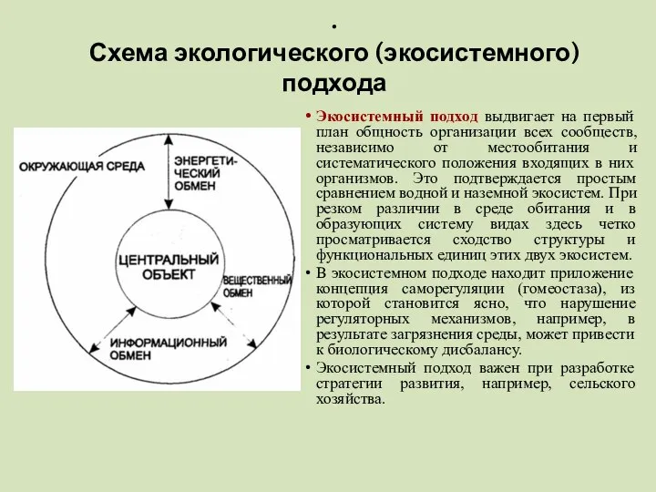 . Схема экологического (экосистемного) подхода Экосистемный подход выдвигает на первый план