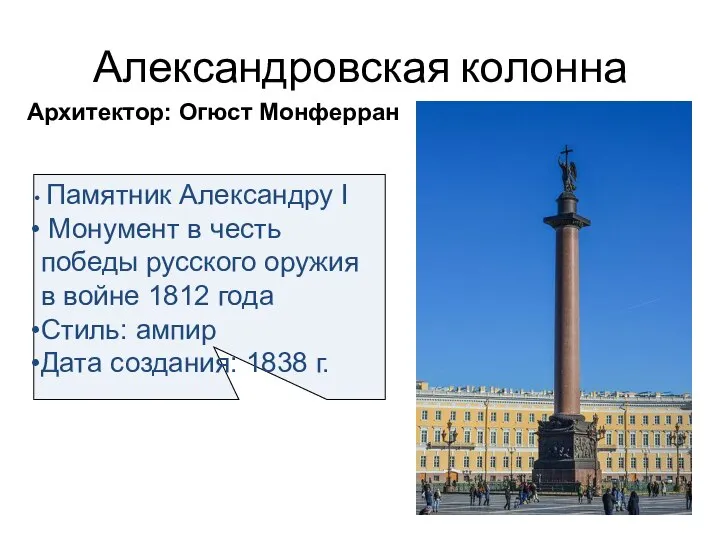 Александровская колонна Архитектор: Огюст Монферран Памятник Александру I Монумент в честь