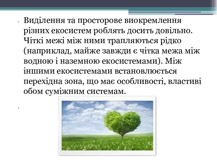 Виділення та просторове виокремлення різних екосистем роблять досить довільно. Чіткі межі