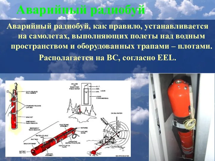 Аварийный радиобуй Аварийный радиобуй, как правило, устанавливается на самолетах, выполняющих полеты