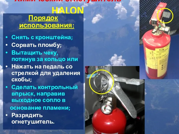 Химический огнетушитель HALON Порядок использования: Снять с кронштейна; Сорвать пломбу; Вытащить