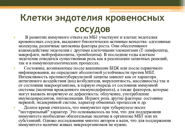 Клетки эндотелия кровеносных сосудов В развитии иммунного ответа на МБ1 участвуют