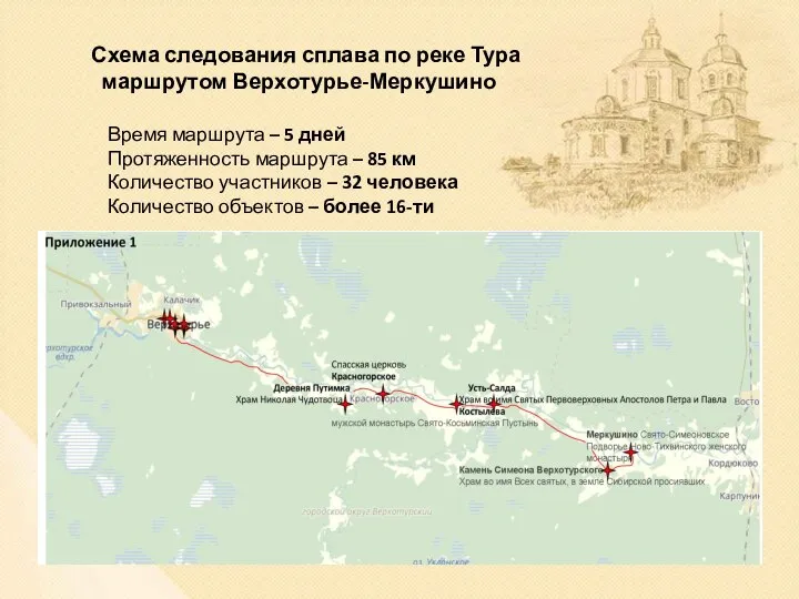 Схема следования сплава по реке Тура маршрутом Верхотурье-Меркушино Время маршрута –