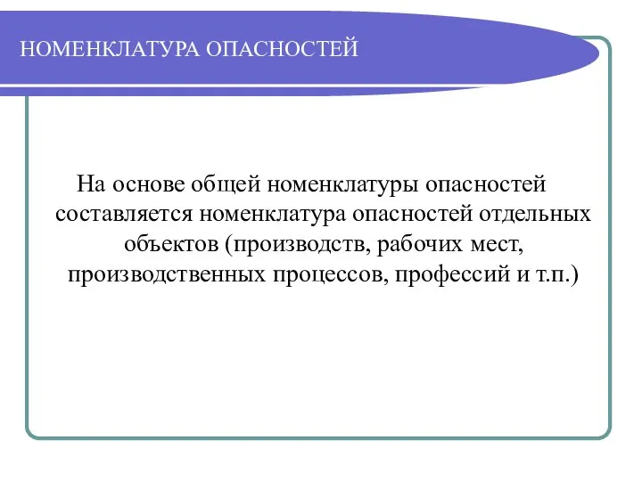 НОМЕНКЛАТУРА ОПАСНОСТЕЙ На основе общей номенклатуры опасностей составляется номенклатура опасностей отдельных