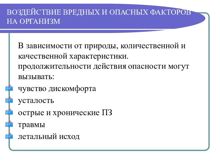 ВОЗДЕЙСТВИЕ ВРЕДНЫХ И ОПАСНЫХ ФАКТОРОВ НА ОРГАНИЗМ В зависимости от природы,