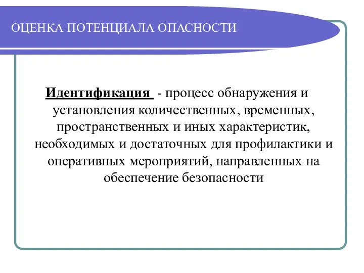 ОЦЕНКА ПОТЕНЦИАЛА ОПАСНОСТИ Идентификация - процесс обнаружения и установления количественных, временных,