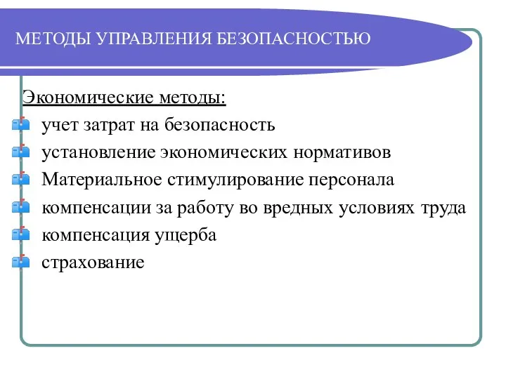 МЕТОДЫ УПРАВЛЕНИЯ БЕЗОПАСНОСТЬЮ Экономические методы: учет затрат на безопасность установление экономических