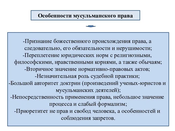 Особенности мусульманского права Признание божественного происхождения права, а следовательно, его обязательности