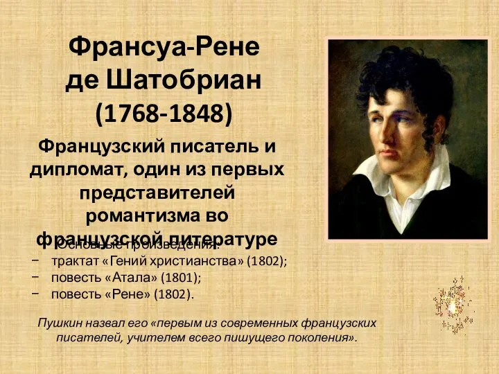 Франсуа-Рене де Шатобриан (1768-1848) Французский писатель и дипломат, один из первых