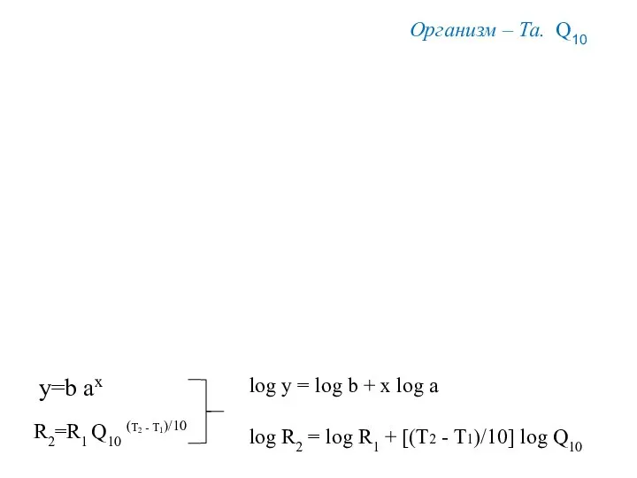 R2=R1 Q10 (Т2 - Т1)/10 Организм – Та. Q10 log y