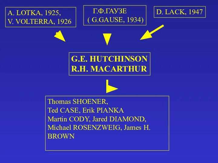 A. LOTKA, 1925, V. VOLTERRA, 1926 Г.Ф.ГАУЗЕ ( G.GAUSE, 1934) D.