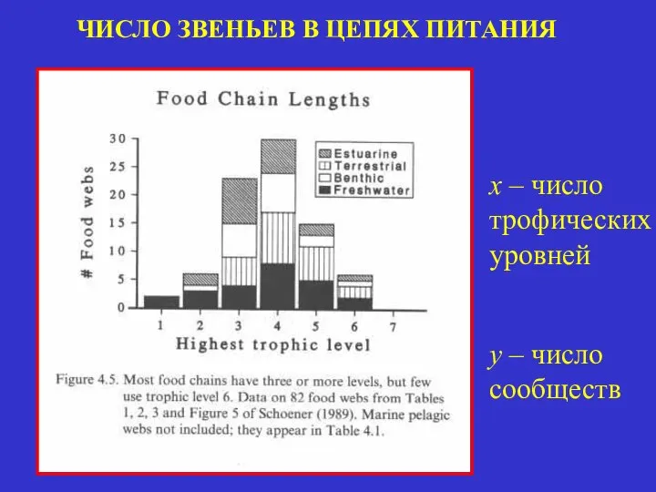 ЧИСЛО ЗВЕНЬЕВ В ЦЕПЯХ ПИТАНИЯ x – число трофических уровней y – число сообществ