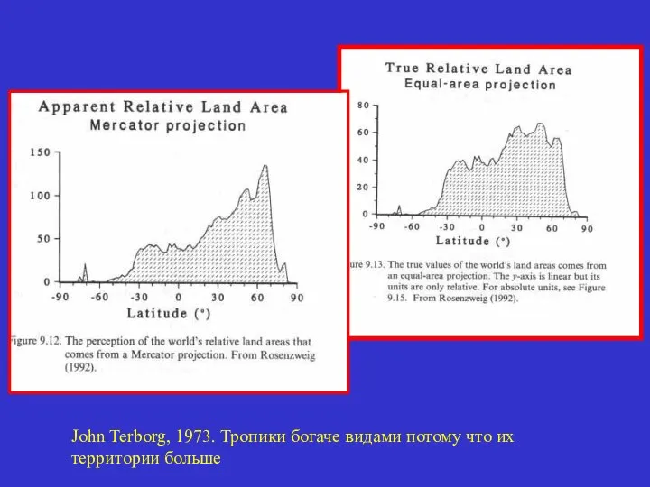 John Terborg, 1973. Тропики богаче видами потому что их территории больше