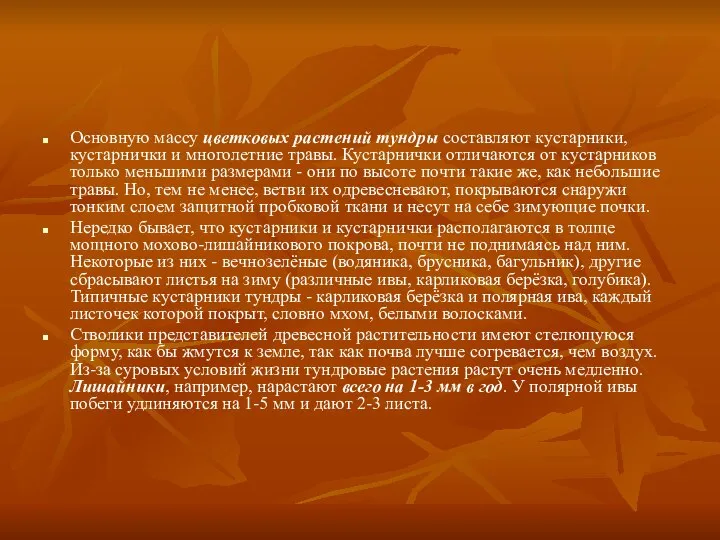 Основную массу цветковых растений тундры составляют кустарники, кустарнички и многолетние травы.