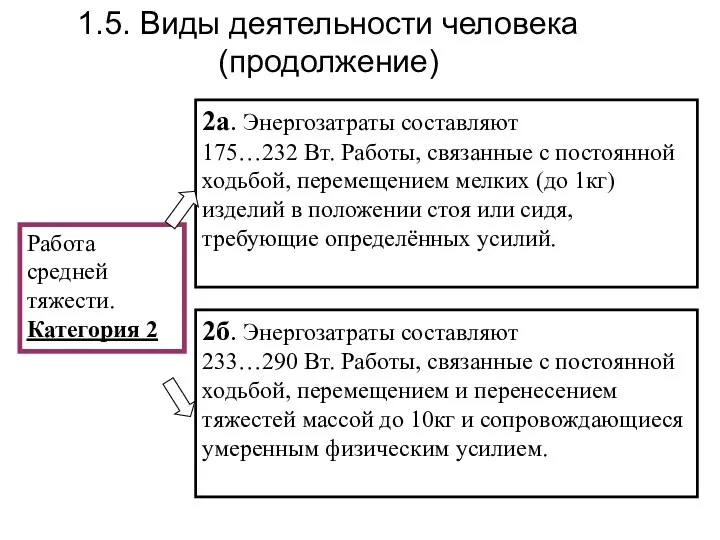 1.5. Виды деятельности человека (продолжение) Работа средней тяжести. Категория 2 2а.