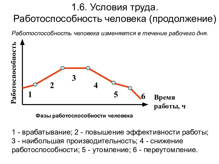 1.6. Условия труда. Работоспособность человека (продолжение) Работоспособность человека изменяется в течение