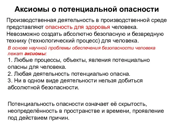 Аксиомы о потенциальной опасности Производственная деятельность в производственной среде представляют опасность