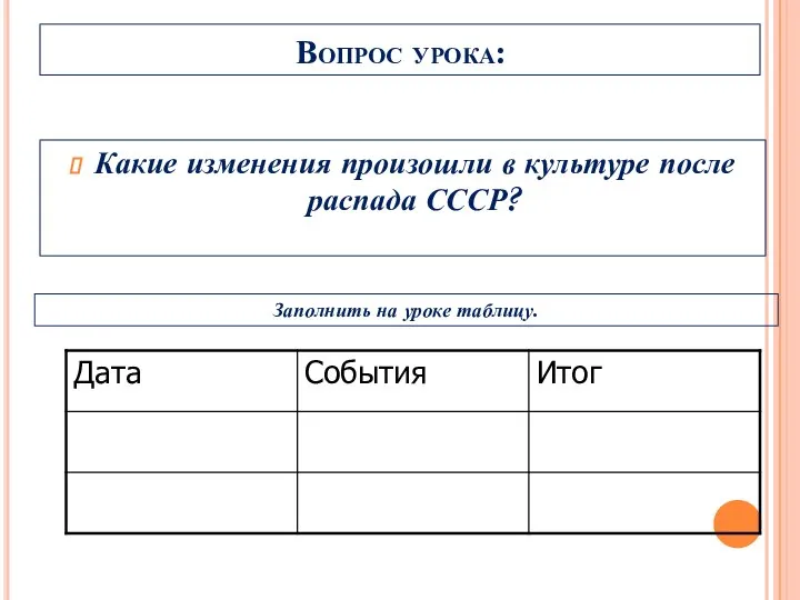 Вопрос урока: Какие изменения произошли в культуре после распада СССР? Заполнить на уроке таблицу.