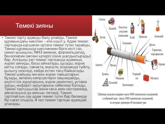 Темекі зияны Темекі тарту адамды баяу улайды. Темекі құрамындағы никотин –