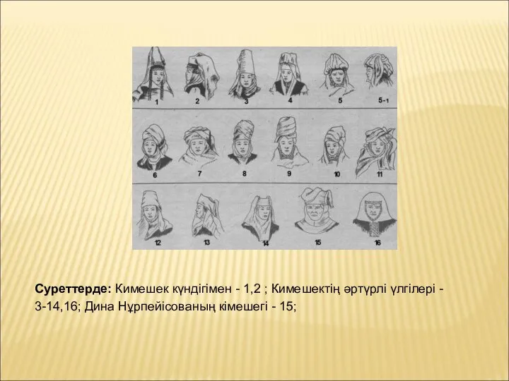 Суреттерде: Кимешек күндігімен - 1,2 ; Кимешектің әртүрлі үлгілері - 3-14,16; Дина Нұрпейісованың кімешегі - 15;