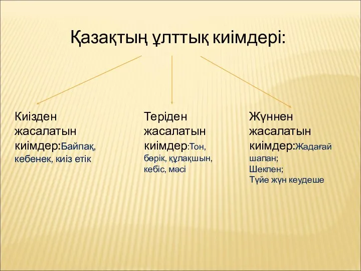 Қазақтың ұлттық киімдері: Киізден жасалатын киімдер:Байпақ, кебенек, киіз етік Теріден жасалатын