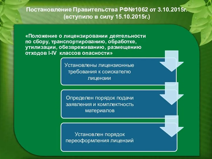 «Положение о лицензировании деятельности по сбору, транспортированию, обработке, утилизации, обезвреживанию, размещению