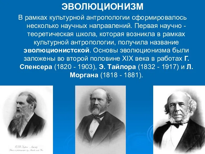 ЭВОЛЮЦИОНИЗМ В рамках культурной антропологии сформировалось несколько научных направлений. Первая научно