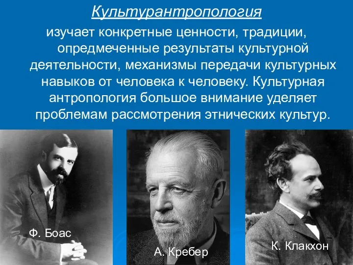 Культурантропология изучает конкретные ценности, традиции, опредмеченные результаты культурной деятельности, механизмы передачи