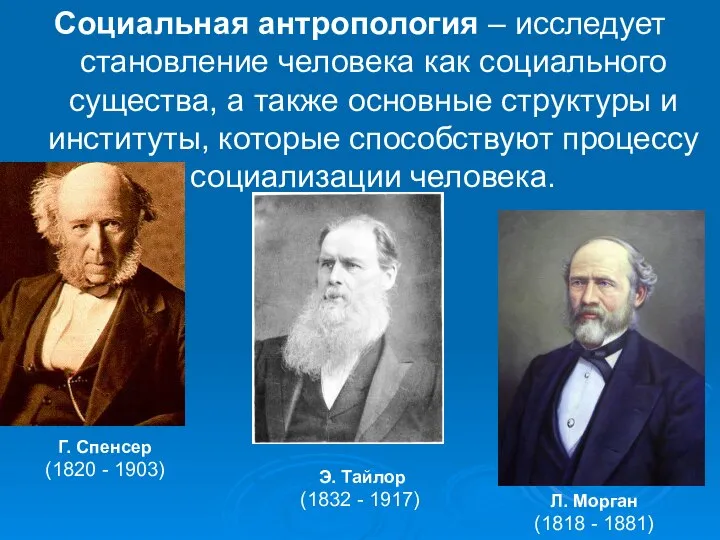 Социальная антропология – исследует становление человека как социального существа, а также