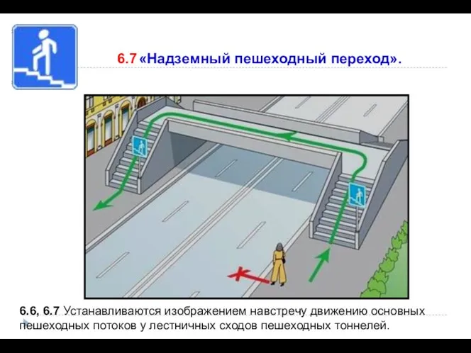 6.7 «Надземный пешеходный переход». 6.6, 6.7 Устанавливаются изображением навстречу движению основных