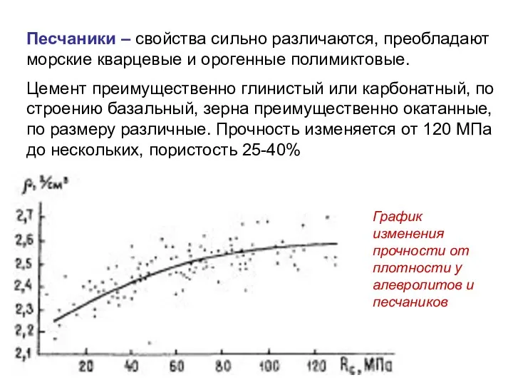 Песчаники – свойства сильно различаются, преобладают морские кварцевые и орогенные полимиктовые.