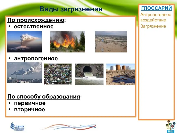 Виды загрязнения По происхождению: естественное антропогенное По способу образования: первичное вторичное ГЛОССАРИЙ Антропогенное воздействие Загрязнение