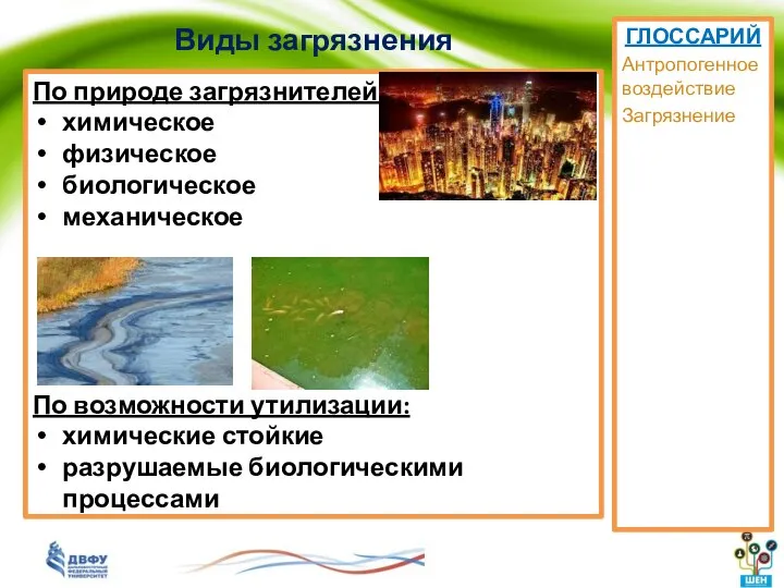 Виды загрязнения По природе загрязнителей: химическое физическое биологическое механическое По возможности