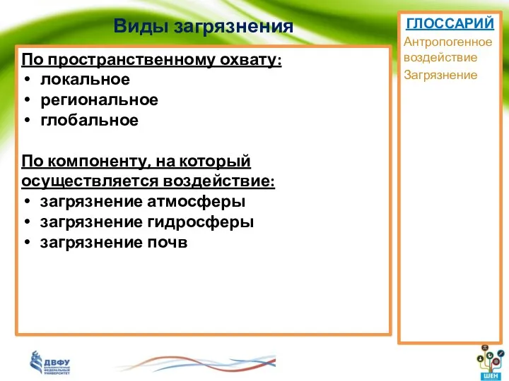 Виды загрязнения По пространственному охвату: локальное региональное глобальное По компоненту, на