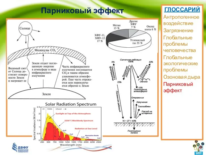 Парниковый эффект ГЛОССАРИЙ Антропогенное воздействие Загрязнение Глобальные проблемы человечества Глобальные экологические проблемы Озоновая дыра Парниковый эффект