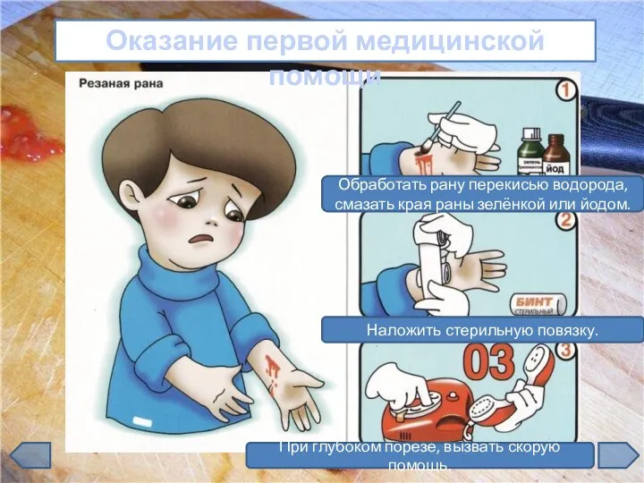 Оказание первой медицинской помощи Обработать рану перекисью водорода, смазать края раны