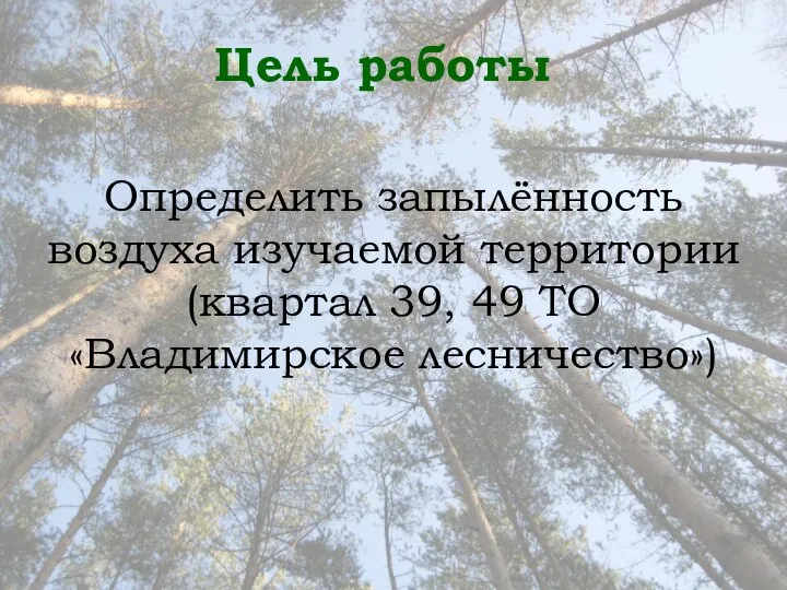 Цель работы Определить запылённость воздуха изучаемой территории (квартал 39, 49 ТО «Владимирское лесничество»)
