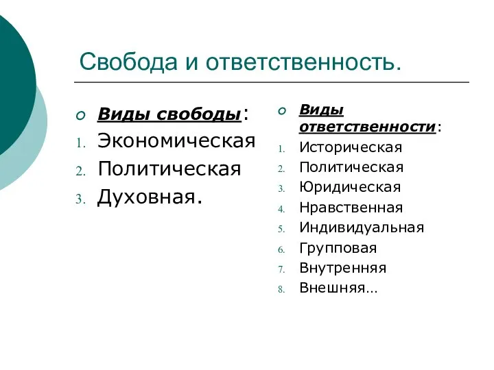 Свобода и ответственность. Виды свободы: Экономическая Политическая Духовная. Виды ответственности: Историческая