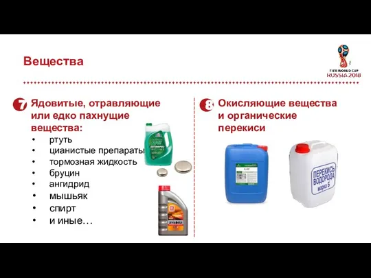 Вещества 7 Ядовитые, отравляющие или едко пахнущие вещества: ртуть цианистые препараты