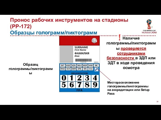 Пронос рабочих инструментов на стадионы (PP-172) Образцы голограмм/пиктограмм Образец голограммы/пиктограммы Месторасположение