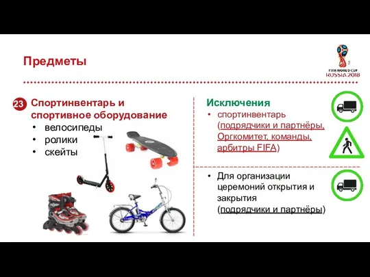 Предметы Исключения спортинвентарь (подрядчики и партнёры, Оргкомитет, команды, арбитры FIFA) Для