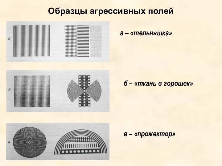 Образцы агрессивных полей а – «тельняшка» б – «ткань в горошек» в – «прожектор»