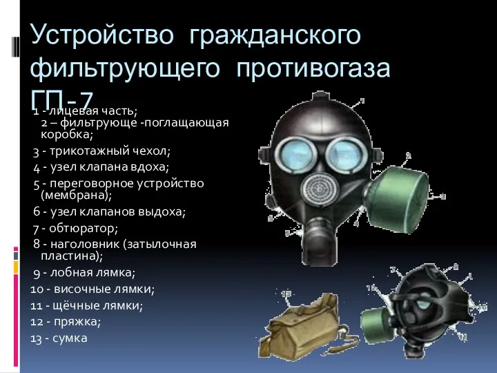 Устройство гражданского фильтрующего противогаза ГП-7 1 - лицевая часть; 2 –