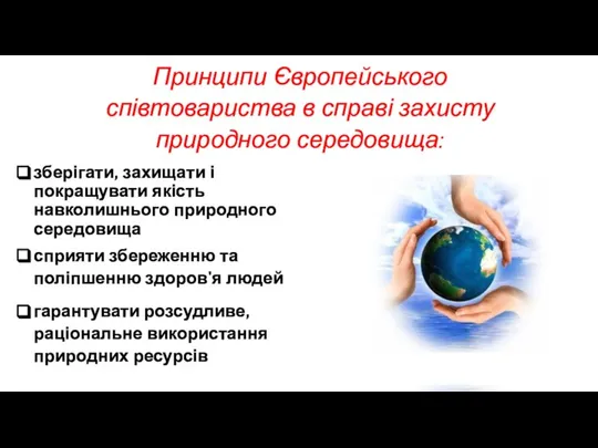 Принципи Європейського співтовариства в справі захисту природного середовища: зберігати, захищати і