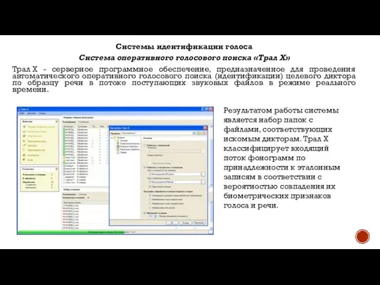 Системы идентификации голоса Система оперативного голосового поиска «Трал Х» Трал Х