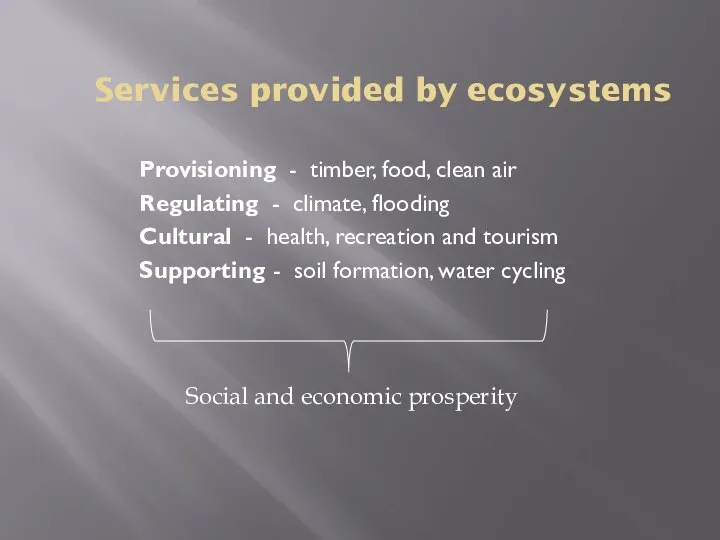 Services provided by ecosystems Provisioning - timber, food, clean air Regulating