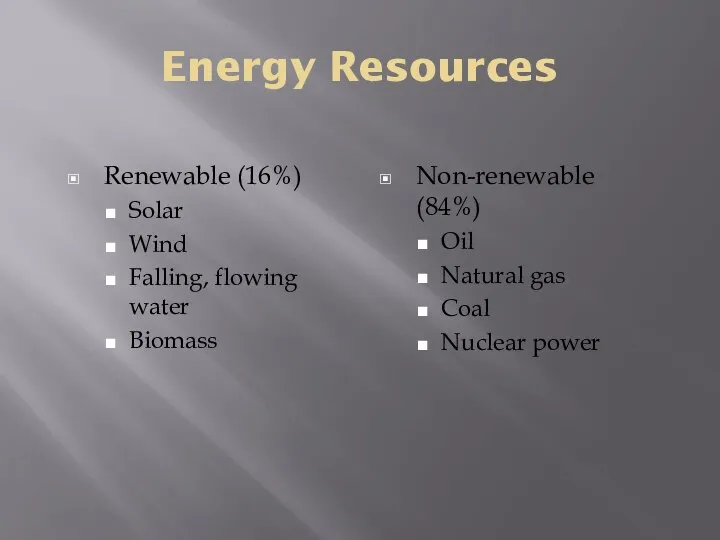 Energy Resources Renewable (16%) Solar Wind Falling, flowing water Biomass Non-renewable