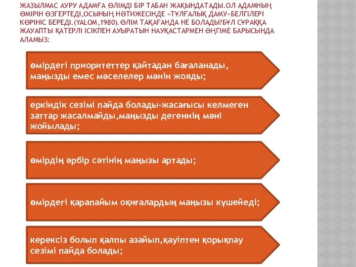 ЖАЗЫЛМАС АУРУ АДАМҒА ӨЛІМДІ БІР ТАБАН ЖАҚЫНДАТАДЫ.ОЛ АДАМНЫҢ ӨМІРІН ӨЗГЕРТЕДІ,ОСЫНЫҢ НӘТИЖЕСІНДЕ