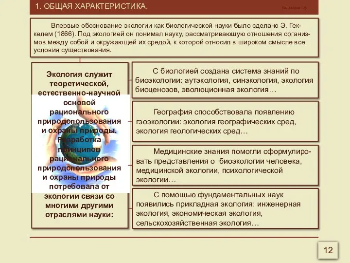 1. ОБЩАЯ ХАРАКТЕРИСТИКА. Калмыков Г.А. 12 Впервые обоснование экологии как биологической